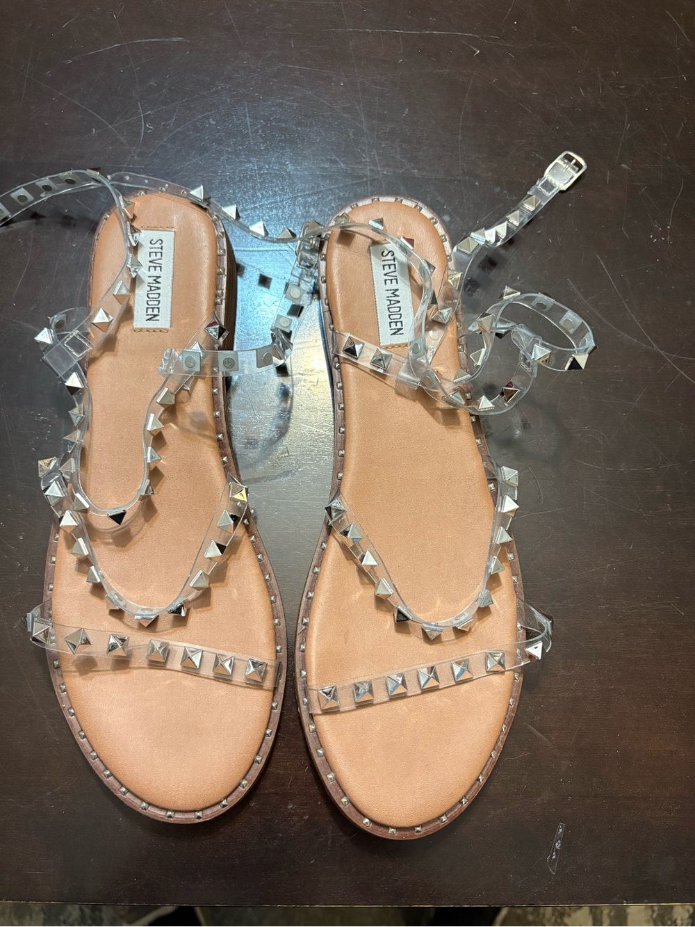 Steve Madden Clear PVC Studded Ankle-Wrap Sandals in Tan
